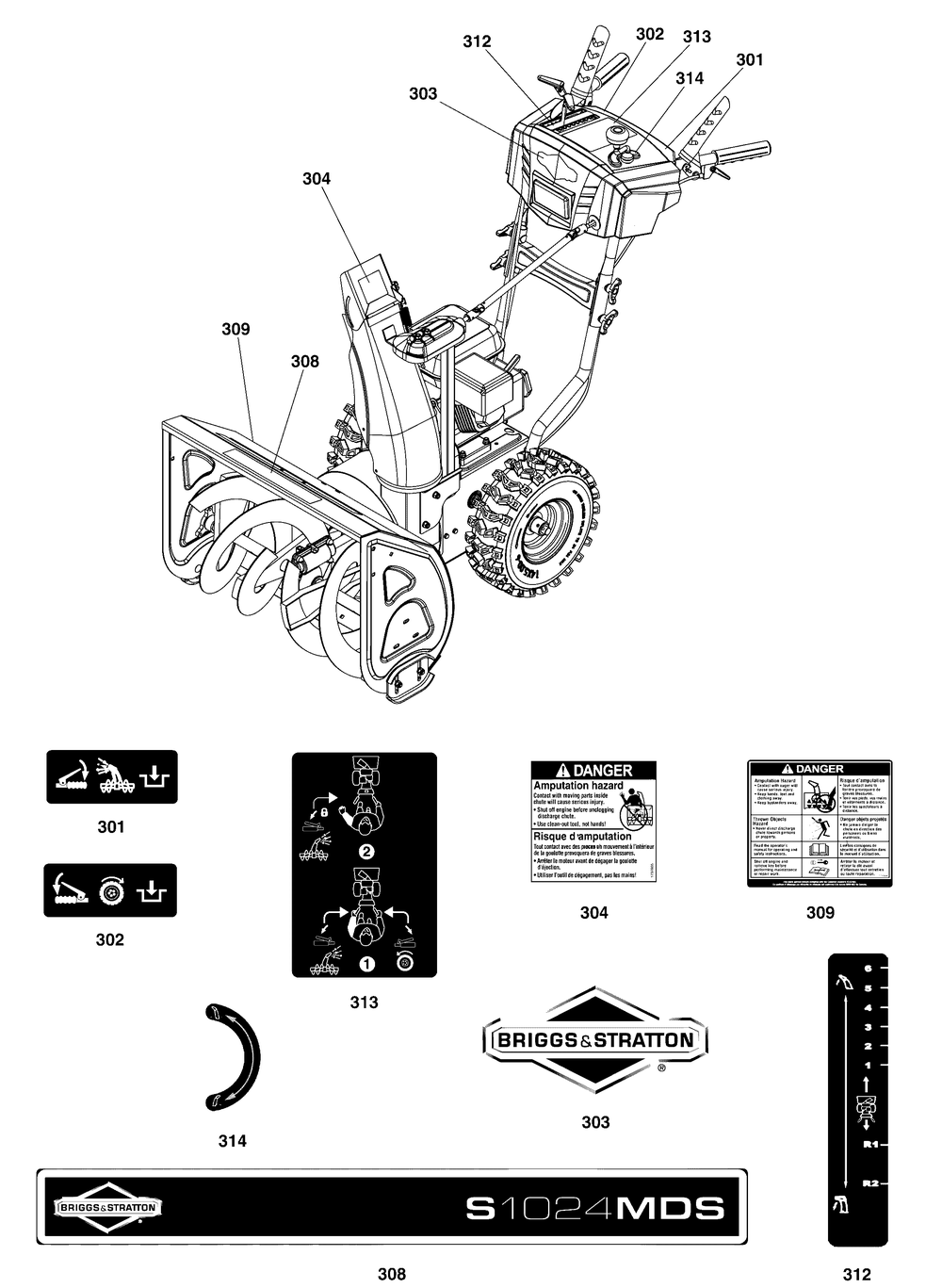Decals Group Diagram and Parts List for 1697157-00-S1024MDS 2019 Briggs and Stratton Snow Blower